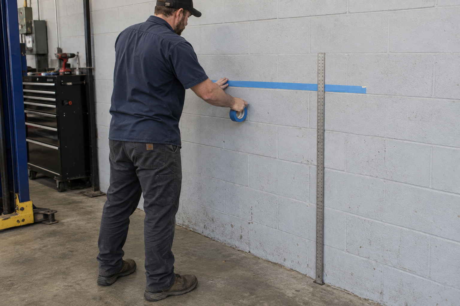 Technician making a horizontal tape reference on a workshop wall using a vertical measuring rule