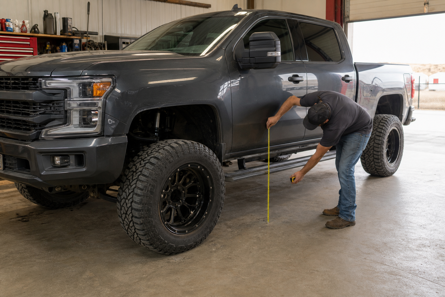 A technician measuring the step and sill clearance on a lifted pickup