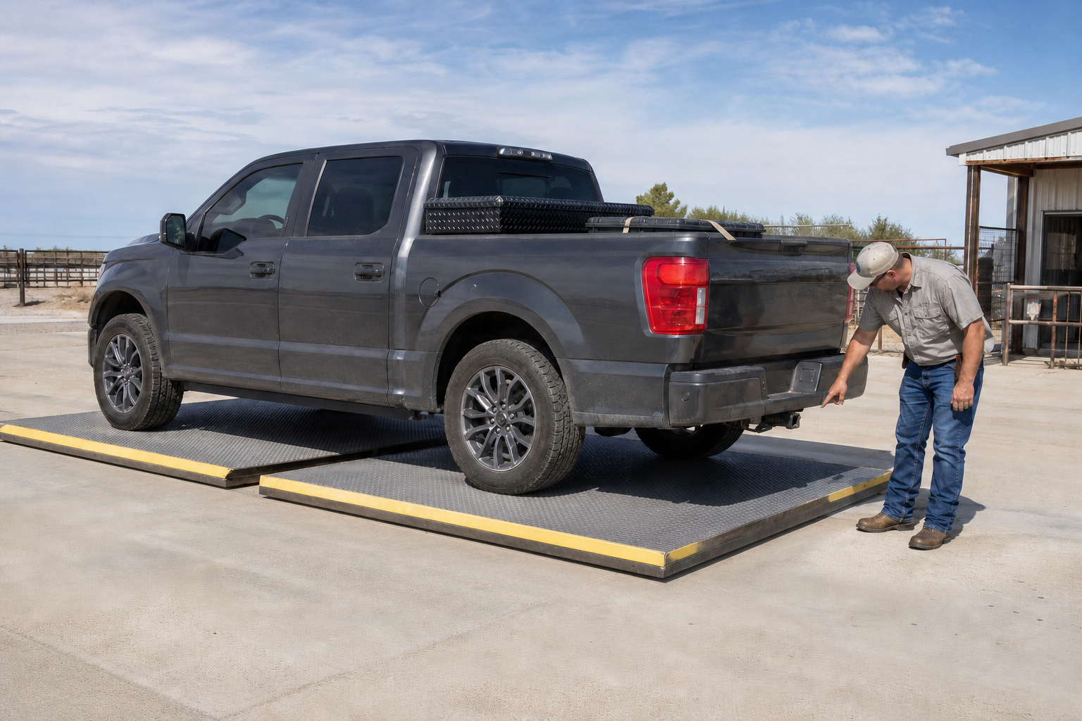 A loaded crew-cab pickup positioned axle by axle on a segmented vehicle scale